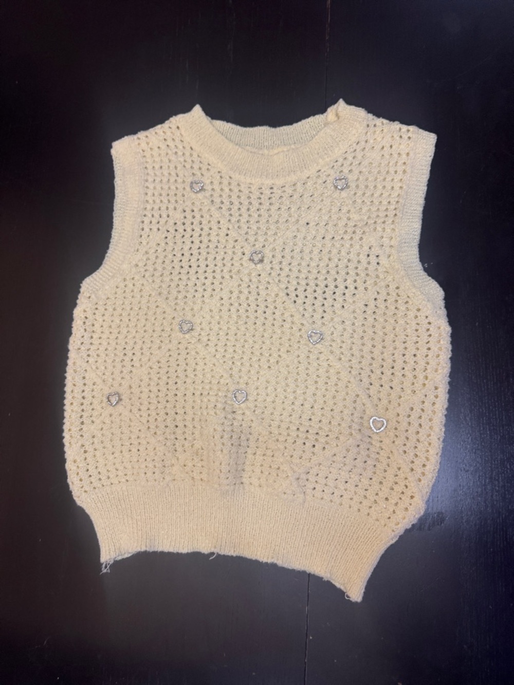 Cream Sleeveless Knit Sweater Vest with Heart Accent